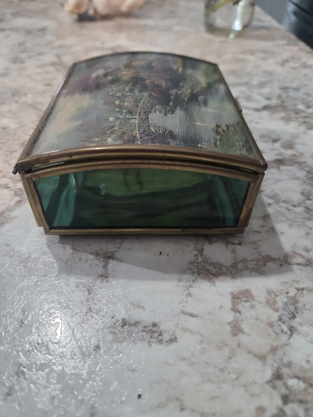 Small Vintage Thomas Kinkade “Painter Of Light” Ensco Trinket Box Brass / Glass